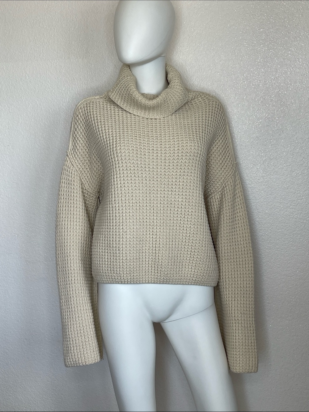 Free People Cream Oversized Turtleneck Waffle Knit Sweater